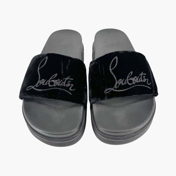 Christian Louboutin 'Navy Pool' Slide Sandals Size 37 US 7 Black Velvet Logo 34 - Picture 3 of 12